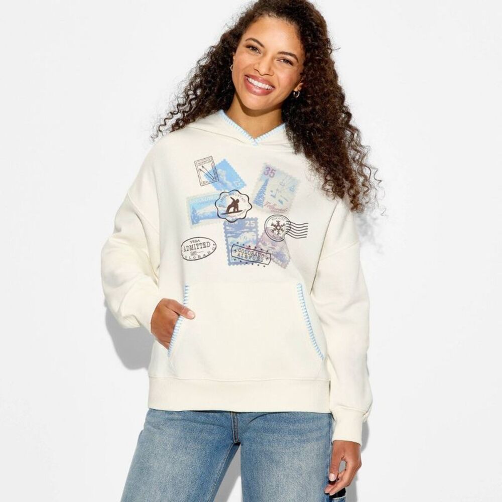 Women's Postcard Whipstitch Graphic Hooded Pullover Sweatshirt - Off-White XXS